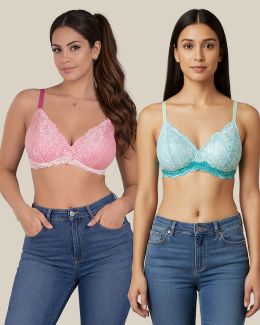 Pack of 2 Lace Non Padded Bra – Sky Blue & Pink