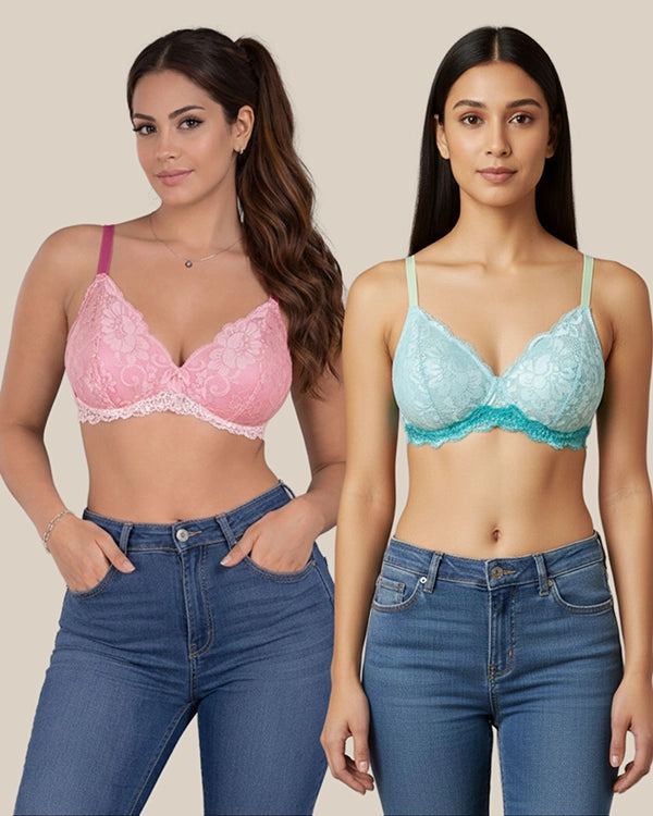 Pack of 2 Lace Non Padded Bra - Sky Blue & Pink
