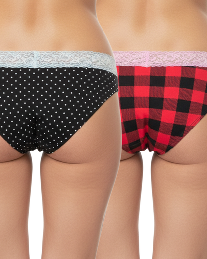 Pack of 2 Women's Cotton Brief Panty with Printed Design & Lace Waistband