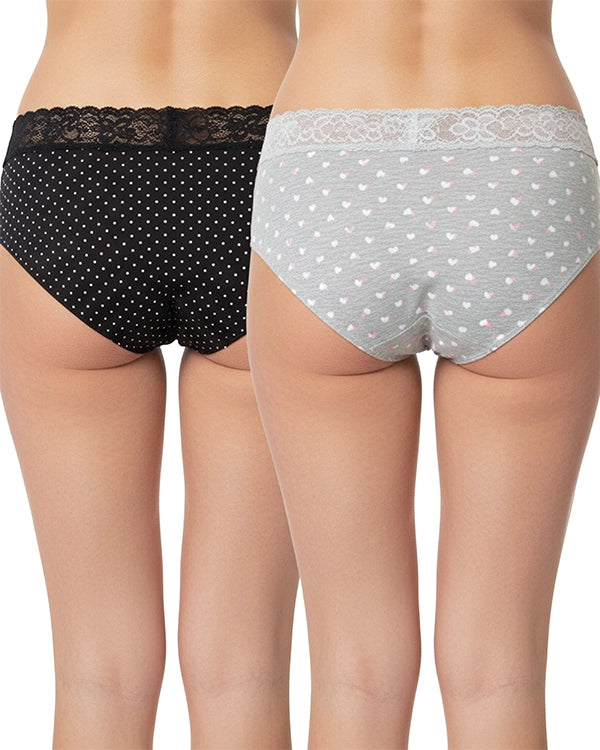 Pack of 2 Polka Dot & Heart Print Mid-Rise Panty for Women - Soft Polyester Fabric with Black Lace Panties