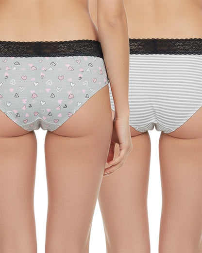 Pack of 2 Sheluxe Women's Mid-Rise Panty - Heart Print & Grey Striped Design with Elegant Lace Waistband