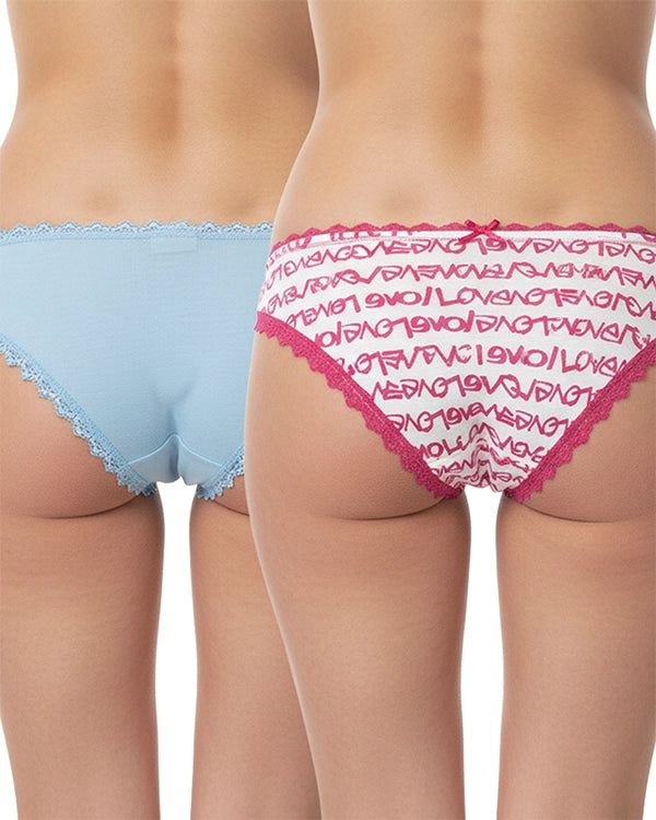 Pack of 2 Women's Polyester Lace Brief Panty with Printed and Solid Design Light Blue-Red Panties