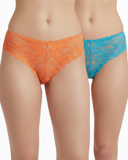 Pack of 2 Orange & Sky Blue Polyester Lace Thong Panty for Women