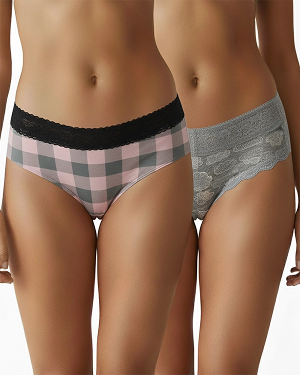 Pack of 2 Pink Checkered and Grey Lace Polyester Mid-Rise Panties for Women