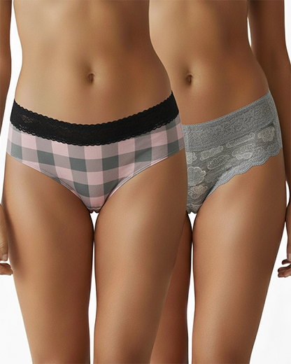 Pack of 2 Pink Checkered and Grey Lace Polyester Mid-Rise Panties for Women