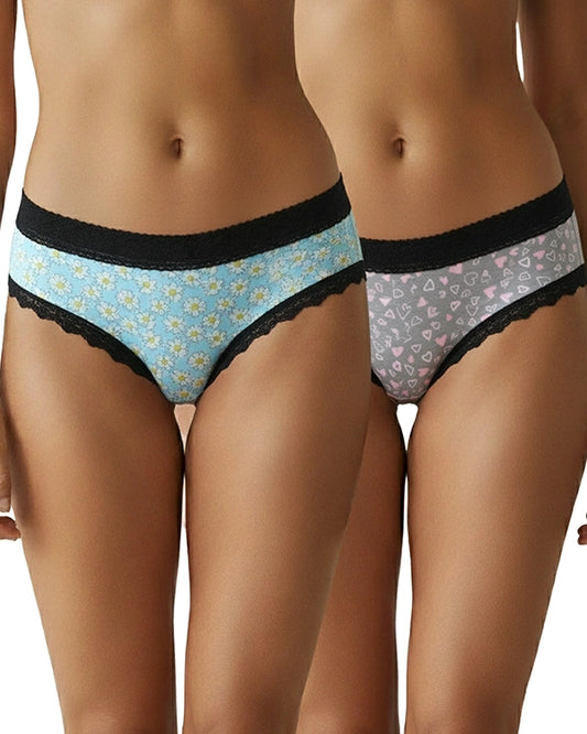 Pack of 2 Women's Mid-Rise Panty Light Blue Floral & Grey Heart Print with Black Lace Panties