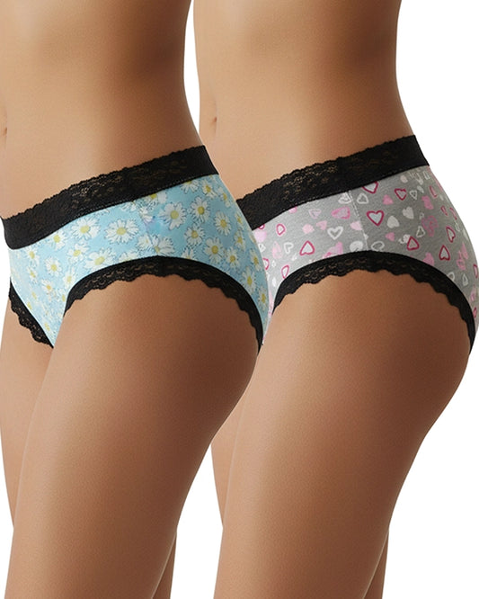 Pack of 2 Women's Mid-Rise Panty Light Blue Floral & Grey Heart Print with Black Lace Panties
