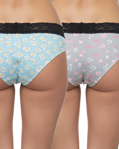 Pack of 2 Women's Mid-Rise Panty Light Blue Floral & Grey Heart Print with Black Lace Panties
