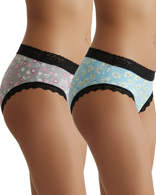 Pack of 2 Women's Mid-Rise Panty Light Blue Floral & Grey Heart Print with Black Lace Panties