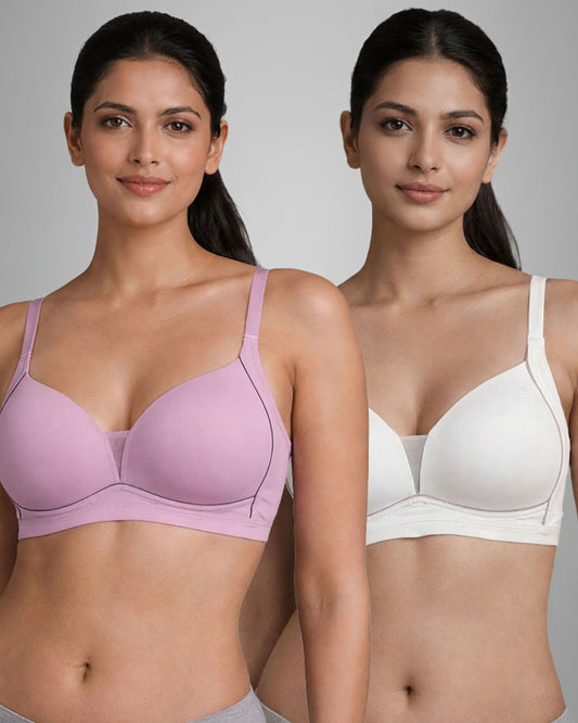 Pack of 2 Women Lightly Padded Wire Free Polyester Purple White Comfort Bra