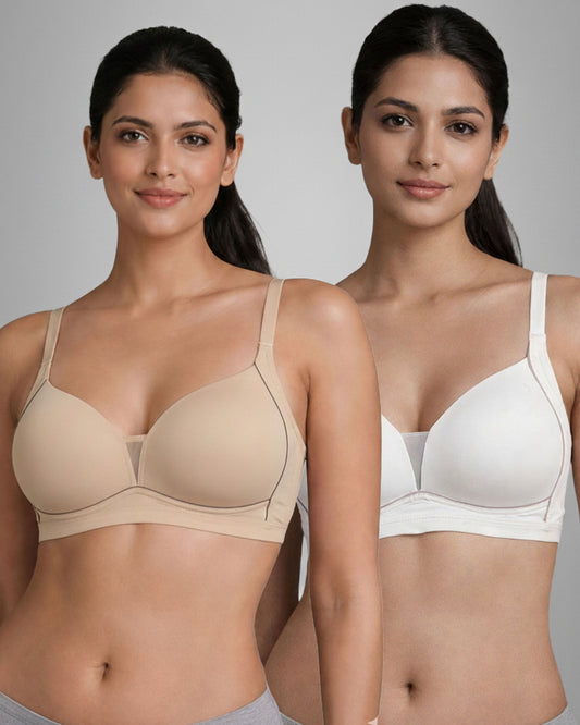 Pack of 2 Women Lightly Padded Wire Free Polyester White Beige Comfort Bra