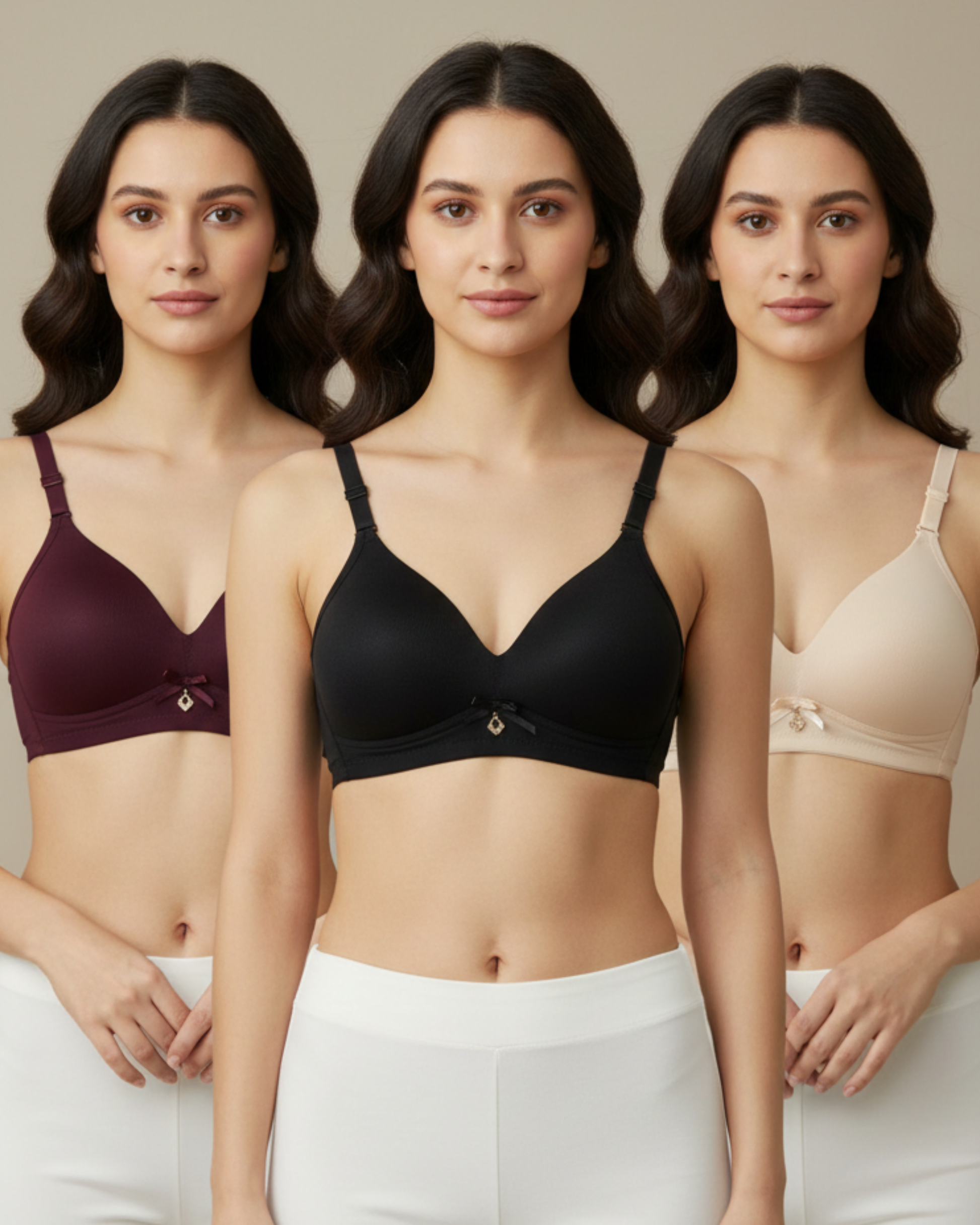 Pack of 3 Women’s Seamless Wire Free Maroon Beige Black Polyester Lightly Padded Full Coverage T Shirt Bra