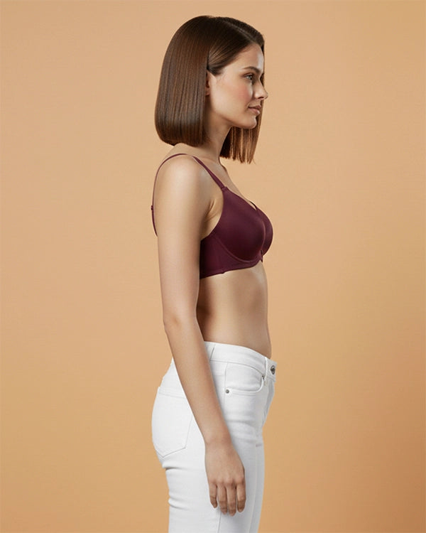 Pack of 3 Women’s Seamless Wire Free Maroon Beige Black Polyester Lightly Padded Full Coverage T Shirt Bra