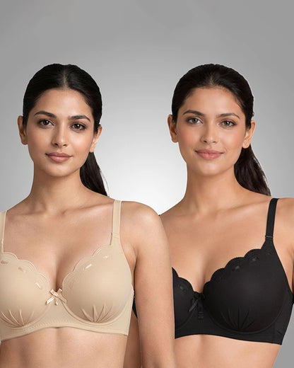 Elegance Scalloped Lace Padded Bra Combo - Pack of 2 (Beige, Black)
