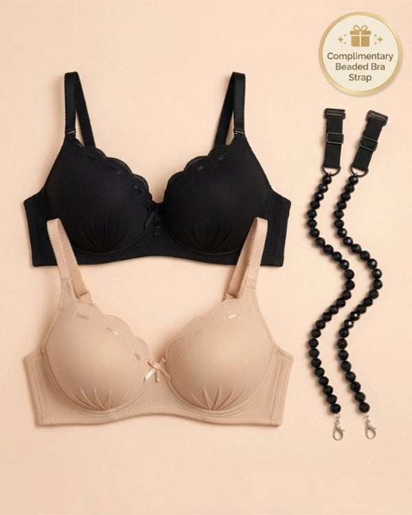 Sheluxe Pack of 2 Beige & Black Bras with Free Beaded Strap Pair