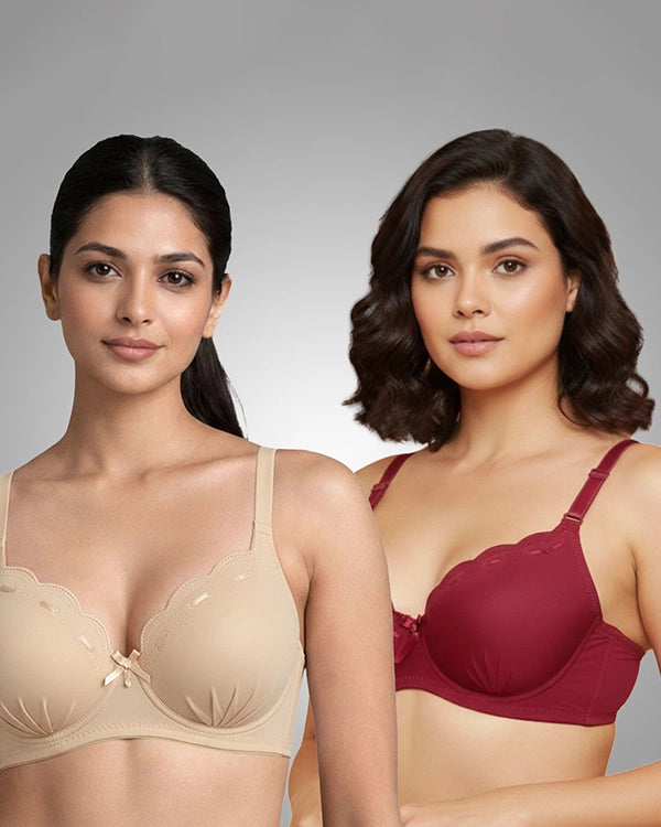 Elegance Scalloped Lace Padded Bra Combo - Pack of 2 (Beige, Maroon)