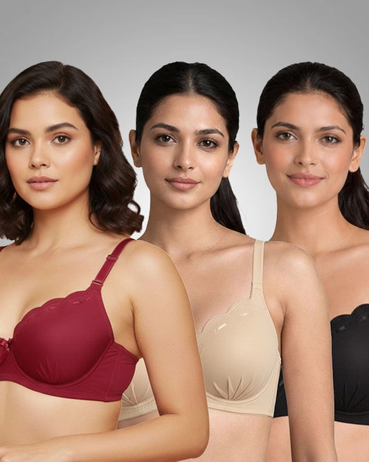 Women T-Shirt Bra with Medium Coverage (Beige, Maroon & Black)