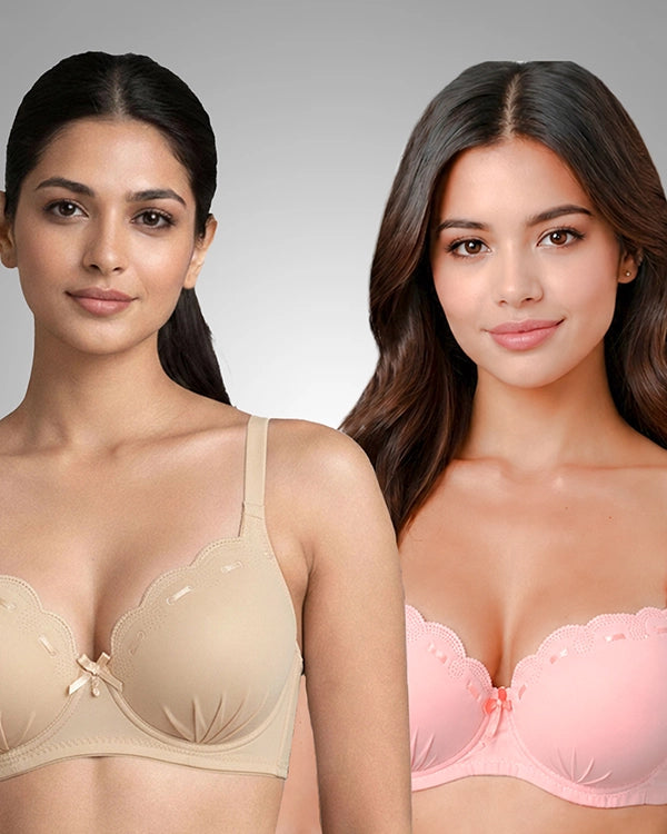 Elegance Scalloped Lace Padded Bra Combo - Pack of 2 (Beige, Pink)