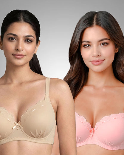 Elegance Scalloped Lace Padded Bra Combo - Pack of 2 (Beige, Pink)
