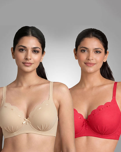 Elegance Scalloped Lace Padded Bra Combo - Pack of 2 (Beige, Red)