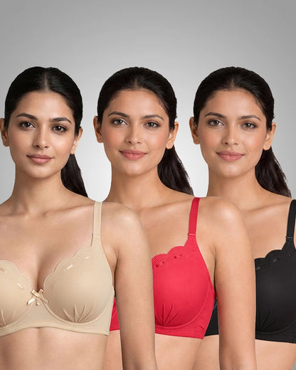 Women T-Shirt Bra with Medium Coverage (Beige, Red & Black)