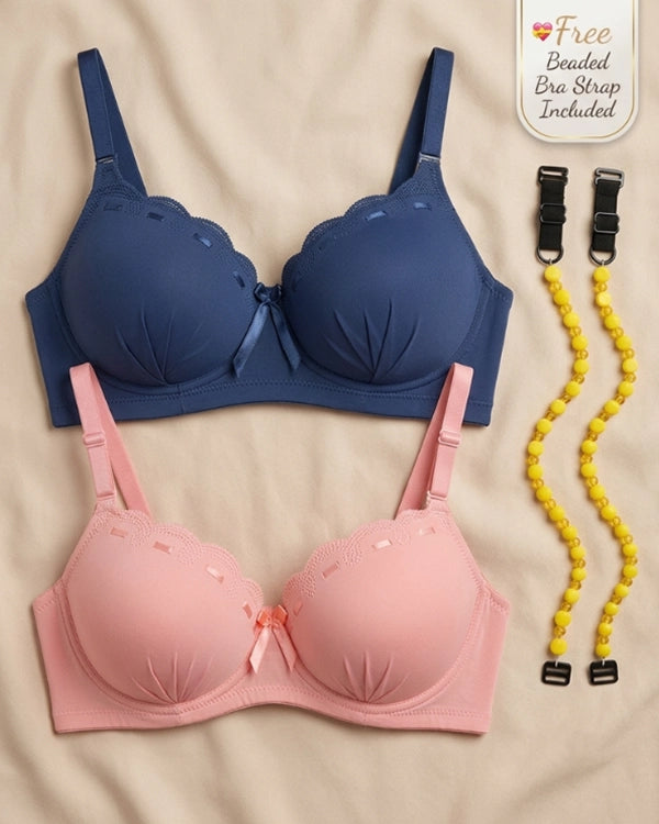 Sheluxe Pack of 2 Blue & Pink Bras with Free Beaded Strap Pair