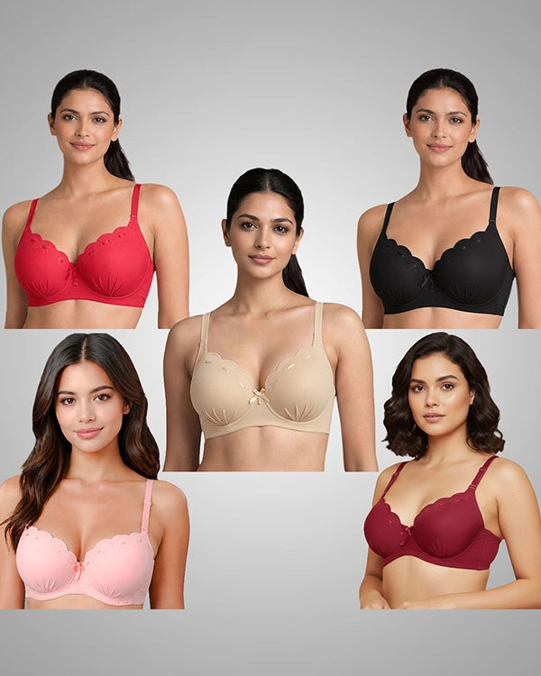 Pack of 5 Women — Medium Coverage T-Shirt Bra | Beige, Red, Black, Pink & Maroon