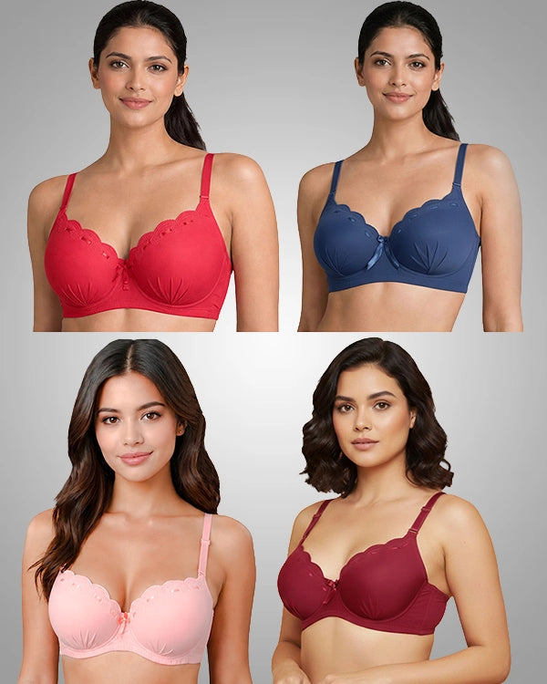 Pack of 4 Women T-Shirt Bra | Red, Blue, Pink & Maroon