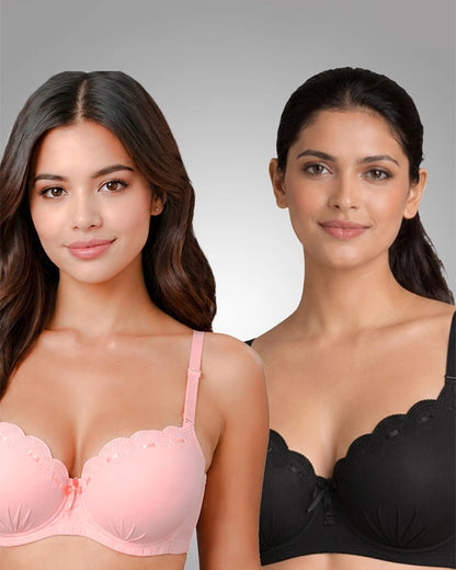 Elegance Scalloped Lace Padded Bra Combo - Pack of 2 (Pink, Black)