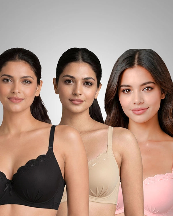 Women T-Shirt Bra with Medium Coverage (Beige, Pink & Black)
