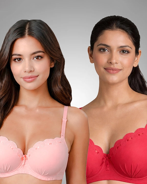 Elegance Scalloped Lace Padded Bra Combo - Pack of 2 (Pink, Red)
