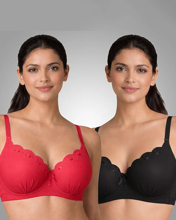 Elegance Scalloped Lace Padded Bra Combo - Pack of 2 (Red, Black)