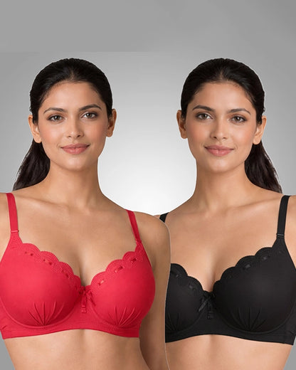 Elegance Scalloped Lace Padded Bra Combo - Pack of 2 (Red, Black)