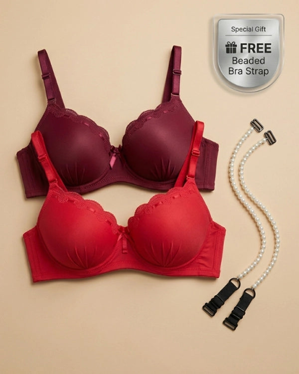 Sheluxe Pack of 2 Red & Maroon Bras with Free Beaded Strap Pair