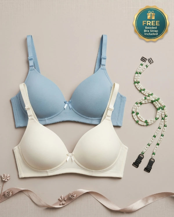 Pack of 2 Blue & White T-Shirt Bras with FREE Beaded Bra Strap Pair