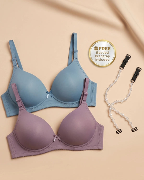 Pack of 2 Blue & purple T-Shirt Bras with FREE Transparent Beads Bra Strap Pair