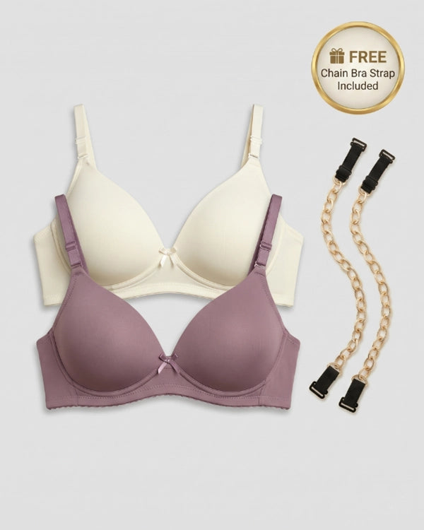 Pack of 2 Purple & White T-Shirt Bras with FREE Golden Chain Bra Strap Pair