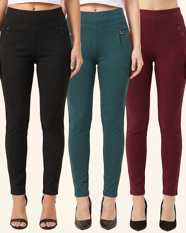 Women's Pack of 3 Black, Dark Grey & Maroon High Waist Korean Crepe Slip-On Jeggings