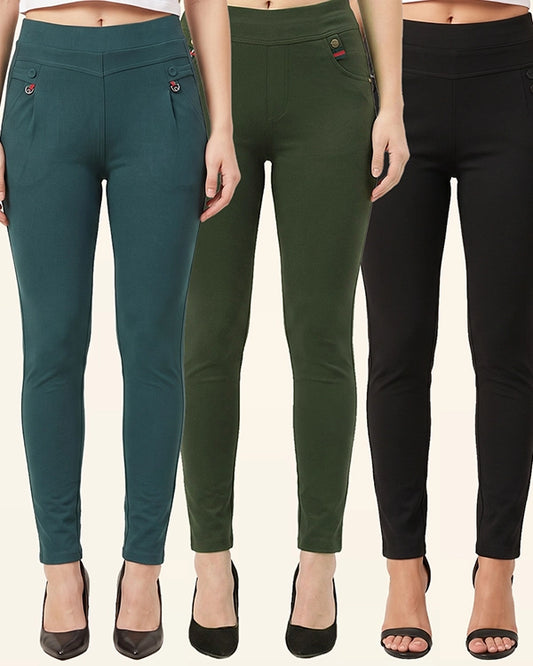 Women's Pack of 3 Dark Grey, Black & Green High Waist Korean Crepe Slip-On Jeggings