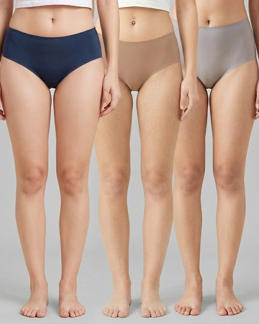 Pack of 3 Blue, Brown, Grey Seamless Mid Rise Hipster Solid Panty for Women
