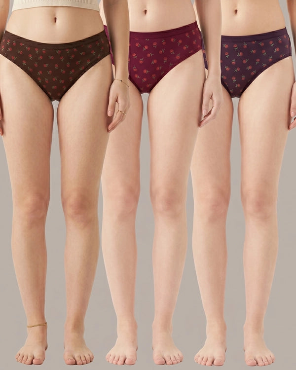 Pack of 3 Brown Maroon Purple Cotton Blend Mid Rise Hipster Printed Panty for Women