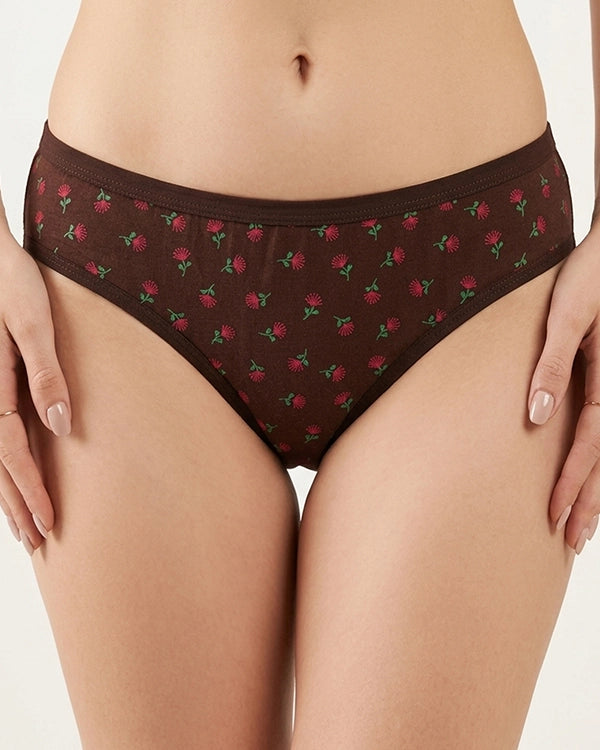 Pack of 3 Brown Maroon Purple Cotton Blend Mid Rise Hipster Printed Panty for Women