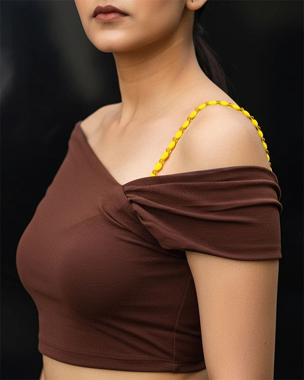 Yellow Beaded with Golden Pearl Bra Strap
