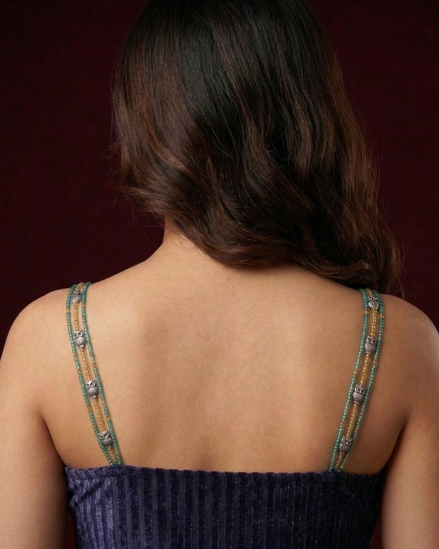 Golden Glow Owl Beaded Bra Strap – Gold & Green Mix