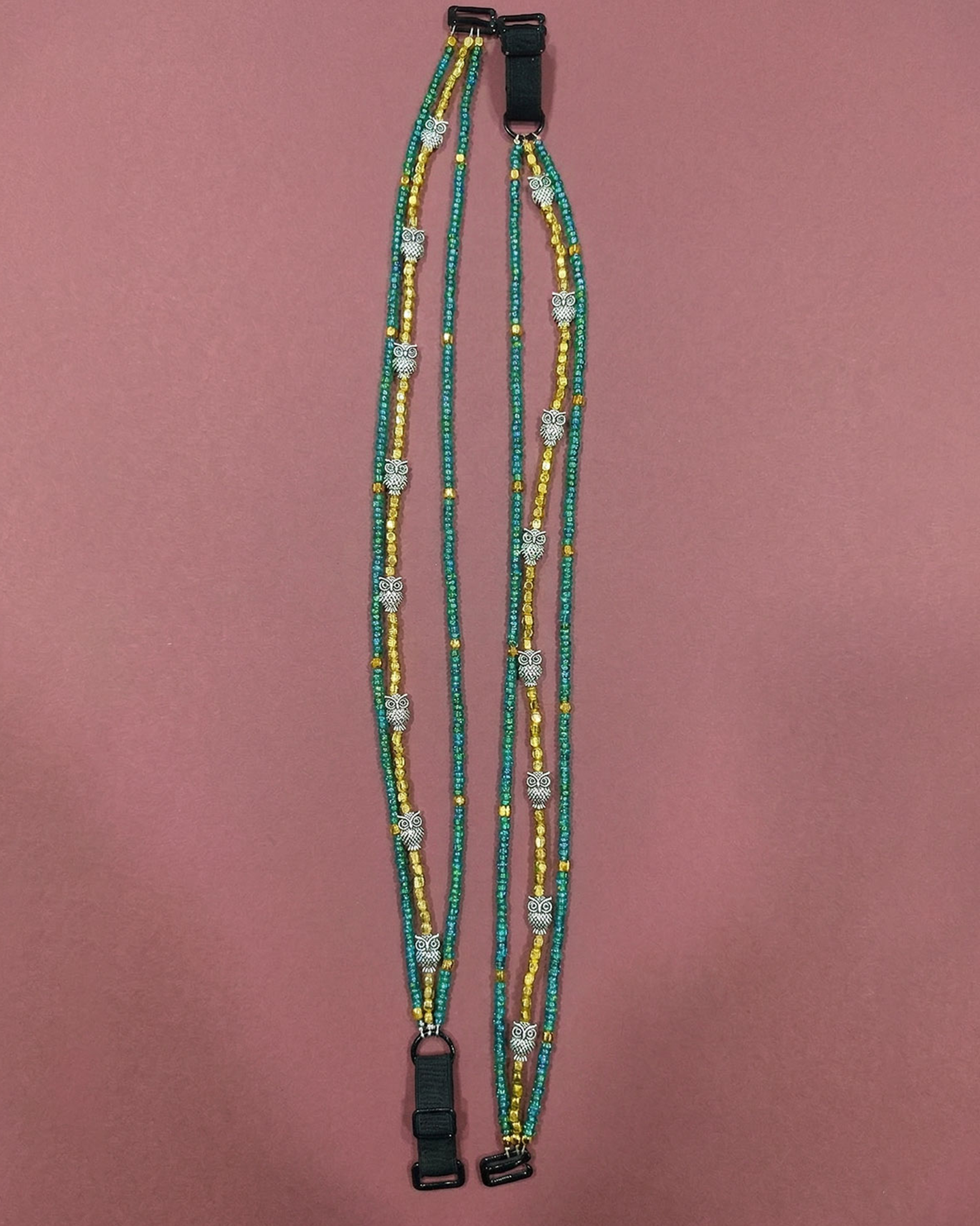 Golden Glow Owl Beaded Bra Strap – Gold & Green Mix