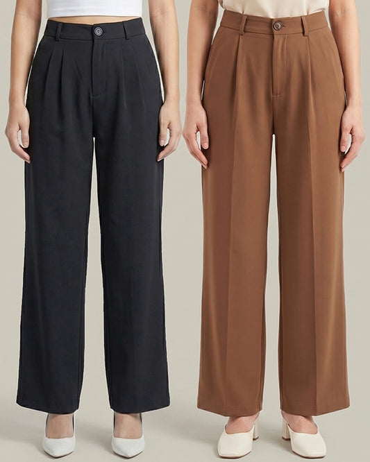 Pack of 2 Black & Brown Formal Trousers for Women