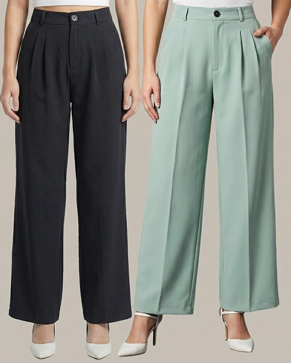 Pack of 2 Black & Mint Green Formal Trousers for Women