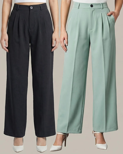 Pack of 2 Black & Mint Green Formal Trousers for Women