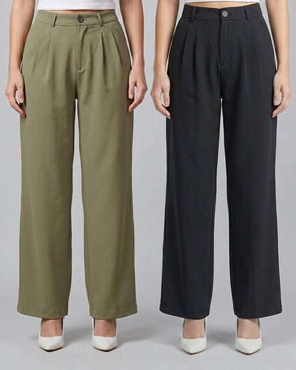 Pack of 2 Black & Olive Green Formal Trousers for Women