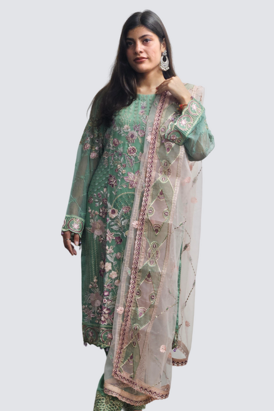 Green Pearls Work Georgette Suit